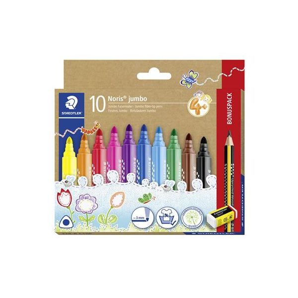 Fixky, sada, s grafitovou ceruzkou a gumou, 3 mm, trojhranné, STAEDTLER "Noris® jumbo 328", 10+1 rôznych farieb, 12ks