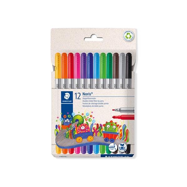 Fixky, sada, 1-3 mm, obojstranné, vyprateľné, STAEDTLER "Noris® 320, 12 rôznych farieb, 12ks