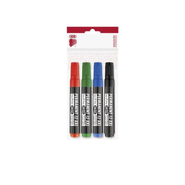 Permanentný popisovač, sada, 1-4 mm, zrezaný hrot, ICO "Permanent 12 XXL", 4 rôzne farby