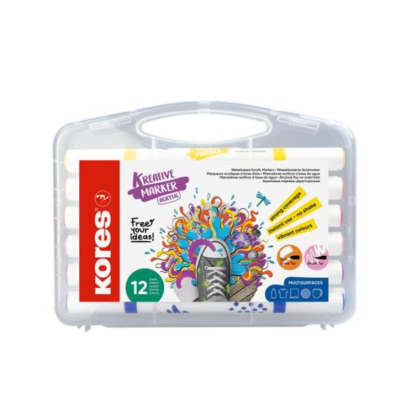 Dekoračný popisovač, sada, akrylový, 1-2 mm, obojstranný, KORES " K-Kreative", 12 rôznych 