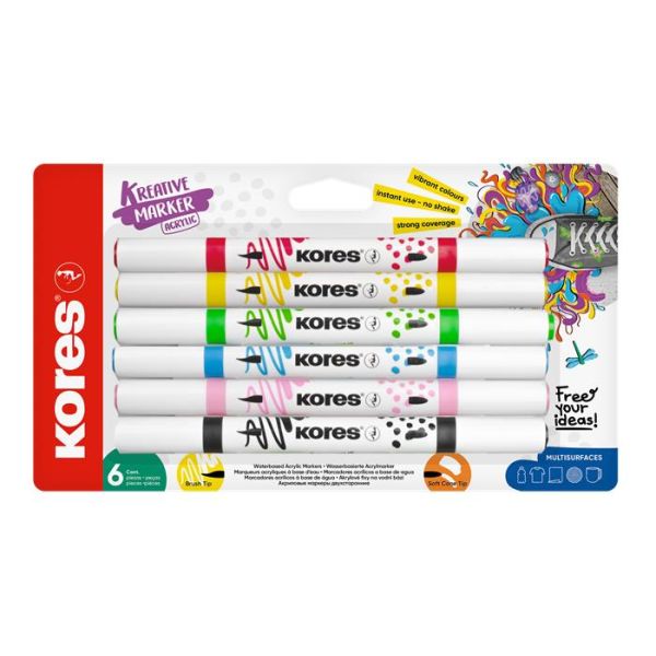 Dekoračný popisovač, sada, akrylový, 1-2 mm, obojstranný, KORES " K-Kreative", 6 rôznych farieb