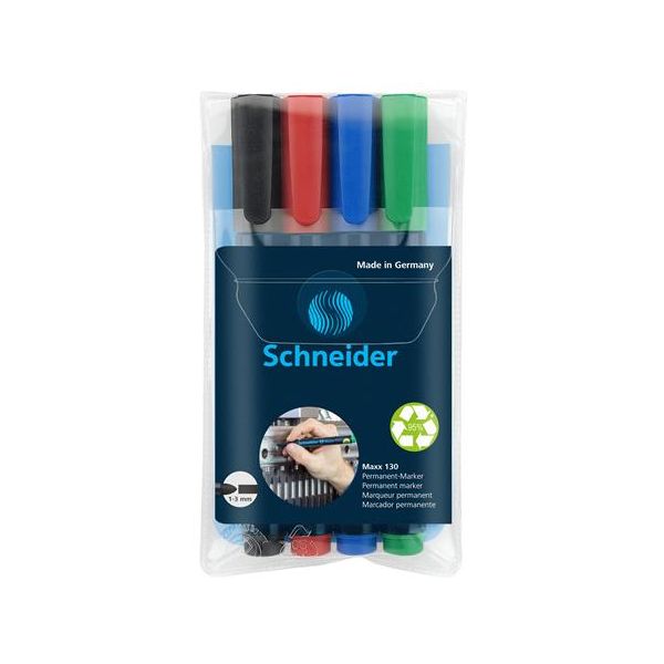 Permanentný popisovač, sada, 1-3 mm, kužeľový hrot, SCHNEIDER "Maxx 130", 4 rôzne farby