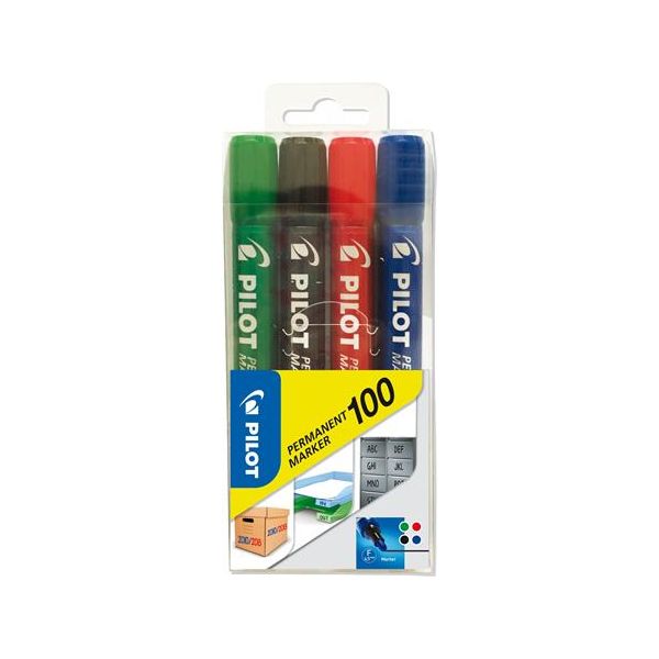 Permanentný popisovač, sada, 1 mm, kužeľový hrot, PILOT "Permanent Marker 100", 4 farby