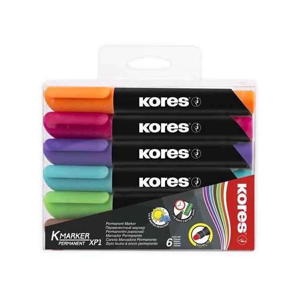 Permanentný popisovač, 3 mm, kužeľový hrot, KORES "K-Marker XP1", 6 rôznych farieb
