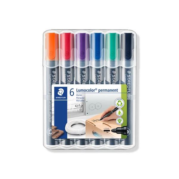 Permanentný popisovač, sada, 2 mm, kužeľový hrot, STAEDTLER "Lumocolor® 352", 6 rôznych farieb