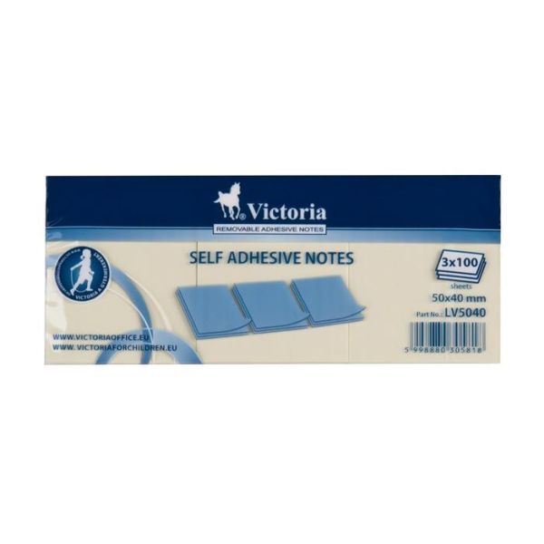 Samolepiaci bloček, 50x40 mm, 100 listov/blok, 3 bloky/bal, VICTORIA OFFICE, žltý, 300list