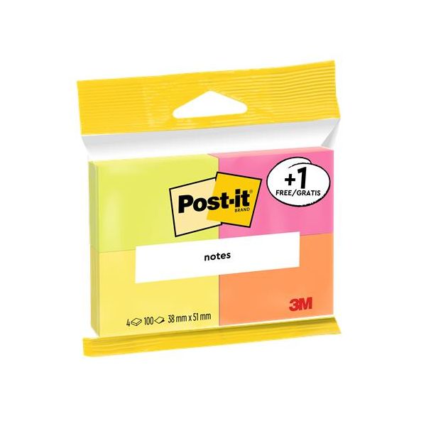 Samolepiaci bloček, 38x51 mm, 4x100 listov, 3M POSTIT, "Neon"