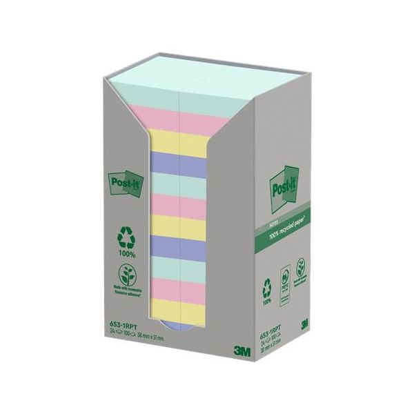 Samolepiaci bloček, 38x51 mm, 24x100 listov, ekologický, 3M POSTIT "Nature", mix pastelových farieb