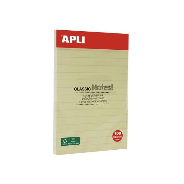 Samolepiaci bloček, linajkový, 100x150 mm, 100 listov, APLI, žltý
