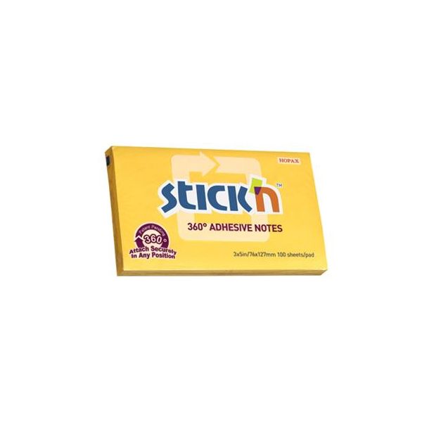 Samolepiaci poznámkový blok, 76x127 mm, 100 listov, STICK N „360°, žltá