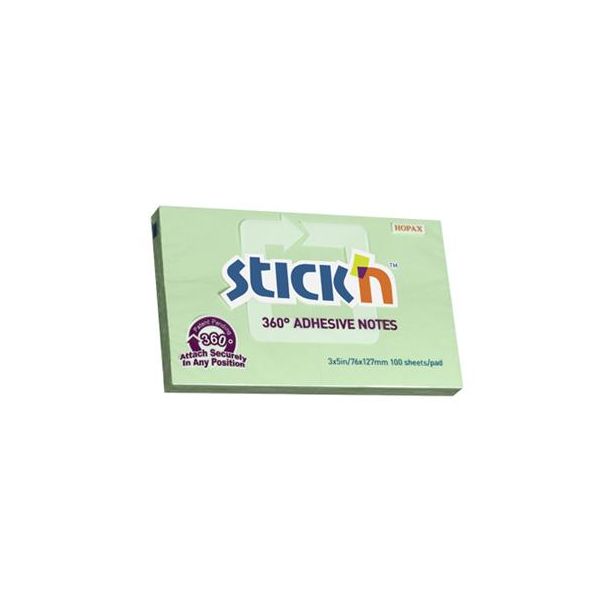 Samolepiaci poznámkový blok, 76x127 mm, 100 listov, STICK N „360°, zelená