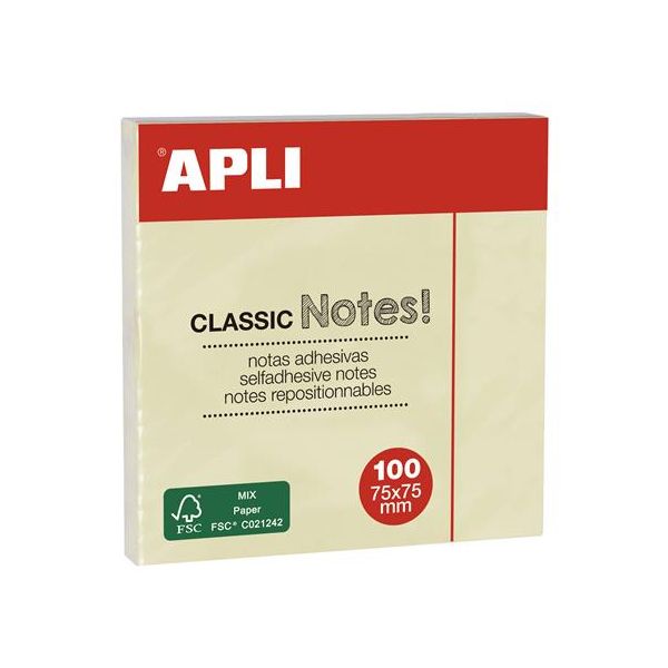 Samolepiaci bloček, 75x75 mm, 100 listov, APLI, žltý