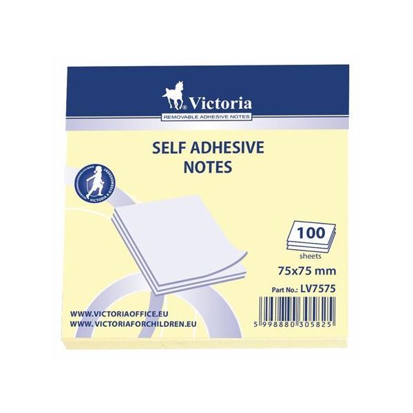 Samolepiaci bloček, 75x75, 100 listov, VICTORIA OFFICE, žltý, 100list