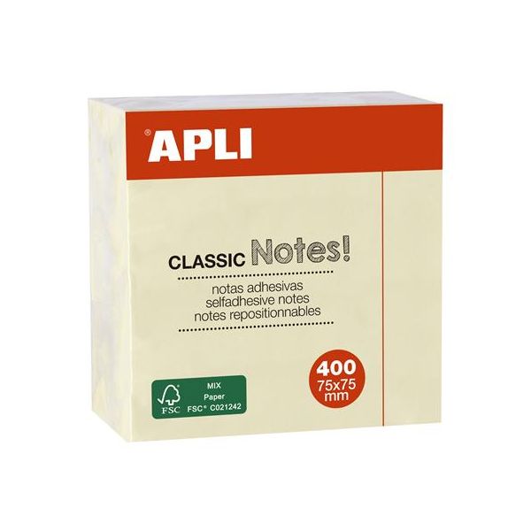 Samolepiaci bloček, 75x75 mm, 400 listov, APLI, žltý