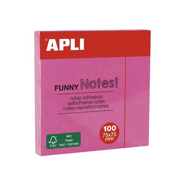Samolepiaci bloček, 75x75 mm, 100 listov, APLI, neónový ružový