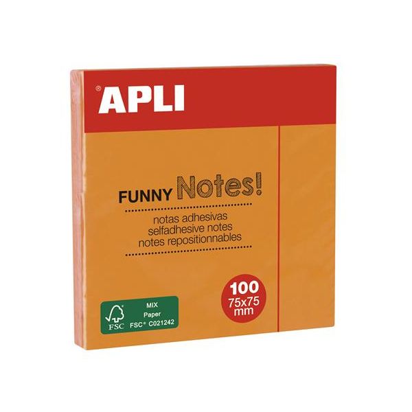 Samolepiaci bloček, 75x75 mm, 100 listov, APLI, neónový oranžový