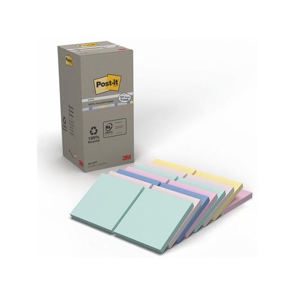Samolepiaci bloček, 76x76 mm, 16x100 listov, ekologický, 3M POSTIT "Nature", mix pastelových farieb