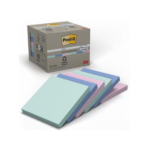 Samolepiaci bloček, 76x76 mm, 6x100 listov, ekologický, 3M POSTIT "Nature", mix pastelových farieb
