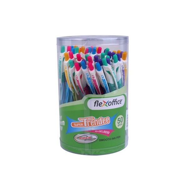 Gélové pero, 0,35 mm, stláčací mechanizmus, telo pera v rôznych farbách, FLEXOFFICE "Trendee", modrá