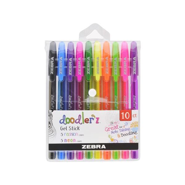 Gélové pero, sada, 0,33 mm, s uzáverom, ZEBRA "Doodler`z Neon & Fashion", mix 10 farieb