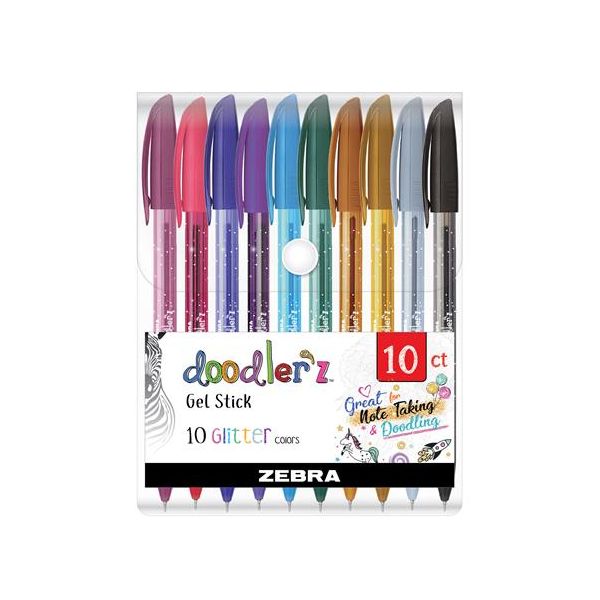 Gélové pero, sada, 0,33 mm, s uzáverom, ZEBRA "Doodler`z Glitter", 10 rôznych farieb