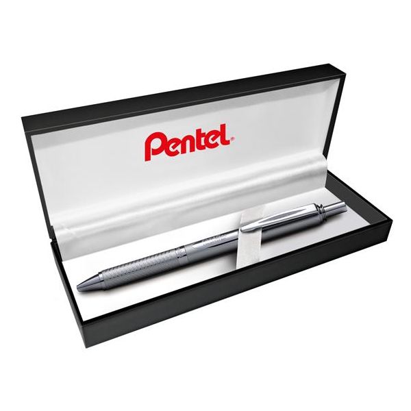 Gélové pero, 0,35 mm, stláčací mechanizmus, telo pera: strieborná, PENTEL "EnerGel BL-407" modrá