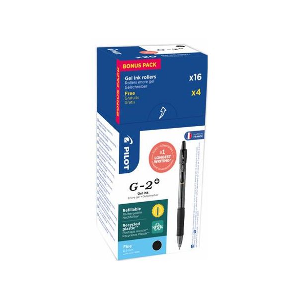 Gélové pero, 0,25 mm, stláčací mechanizmus, PILOT "G-2", 20 ks, čierne