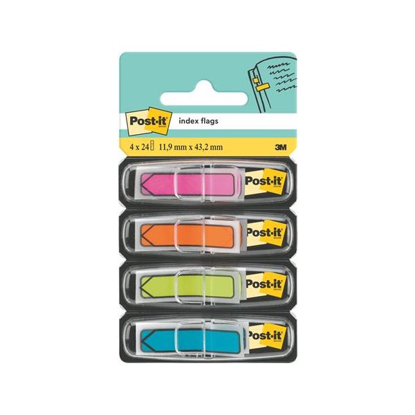 Záložky, plastové, 4x24 záložiek, 11,9x43,2 mm, v tvare šípky, 3M POSTIT, mix