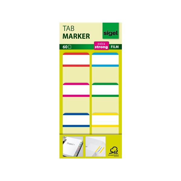 Záložky, spevnené, biele okraje, 25x38 mm, 6x10 ks, SIGEL, mix farieb