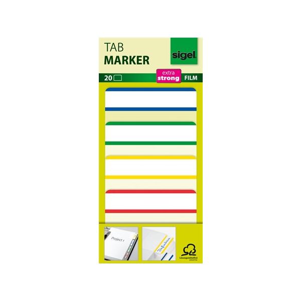 Záložky, spevnené, biele okraje, 50x38 mm, 4x5 ks, SIGEL, mix farieb