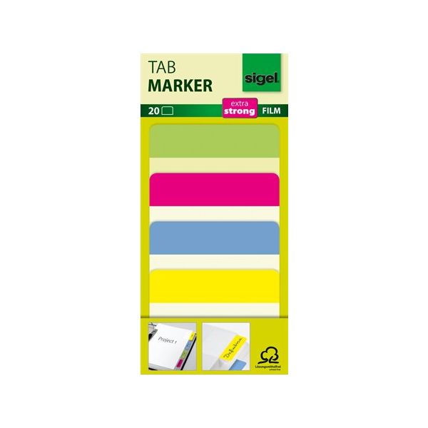 Záložky, spevnené, farebné okraje, 50x38 mm, 4x5 ks, SIGEL, mix farieb