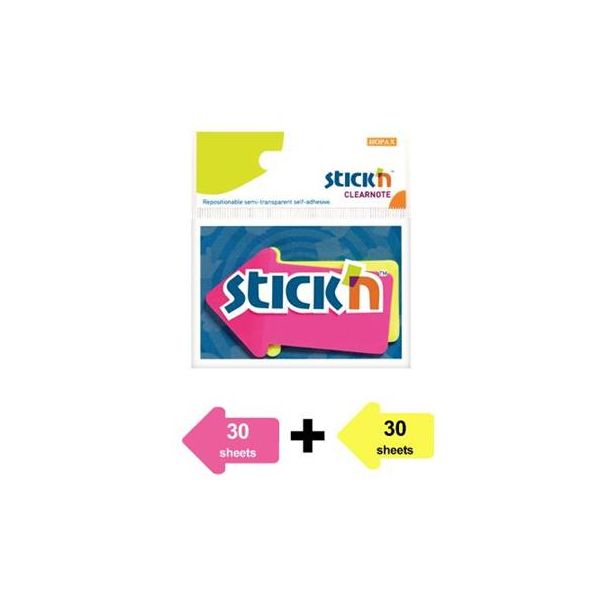Záložky, šípka, plastové 2x30 listov, 76x50mm, STICK N, neónové farby