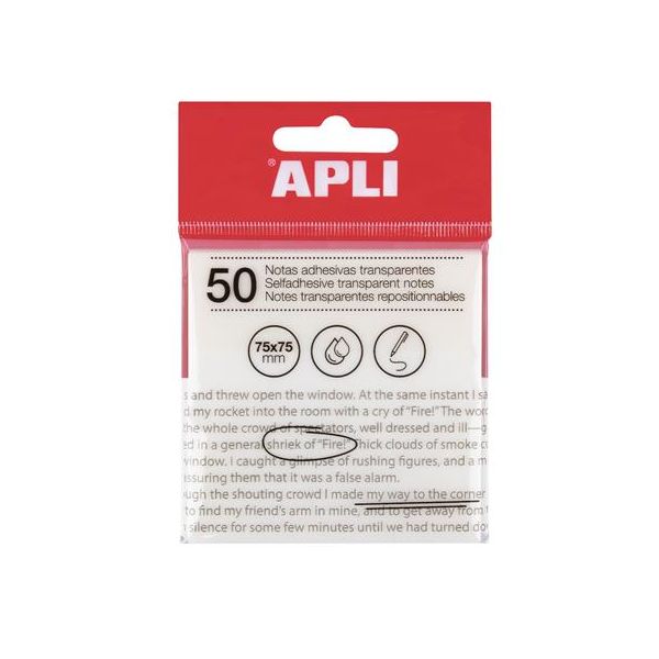 Samolepiaci bloček, priehľadný, vodeodolný, 75x75 mm, 50 listov, APLI, číra