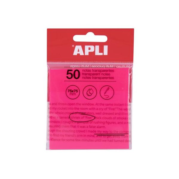 Samolepiaci bloček, priehľadný, vodeodolný, 75x75 mm, 50 listov, APLI, ružová