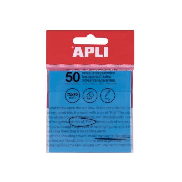 Samolepiaci bloček, priehľadný, vodeodolný, 75x75 mm, 50 listov, APLI, modrá
