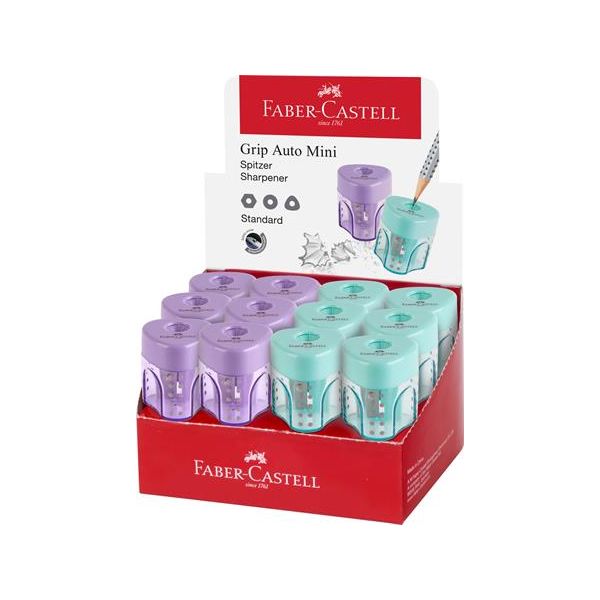 Strúhadlo, displej, jednodierové, so zásobníkom, FABER-CASTELL "GRIP Auto Mini", mix pastelových farieb