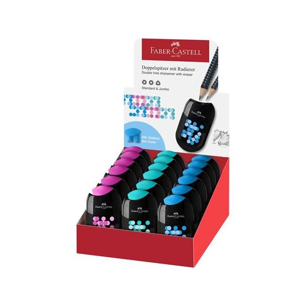 Strúhadlo, displej, dvojdierové, 2 zásobníky, FABER-CASTELL, mix farieb