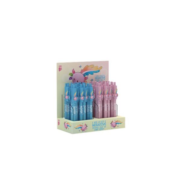 Guľôčkové pero, displej, 0,8 mm, stláčací mechanizmus, mix, ICO "Axolotl", modré