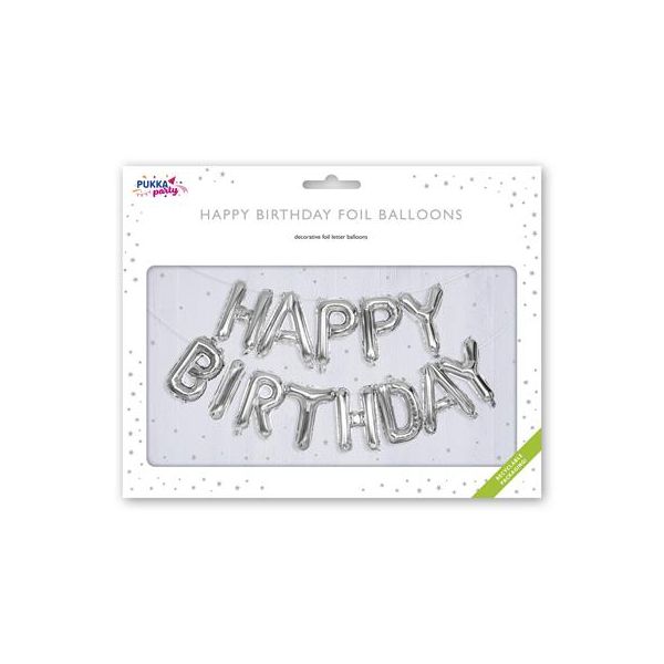 Balón, 40 cm, PUKKA PAD "Happy Birthday", strieborná