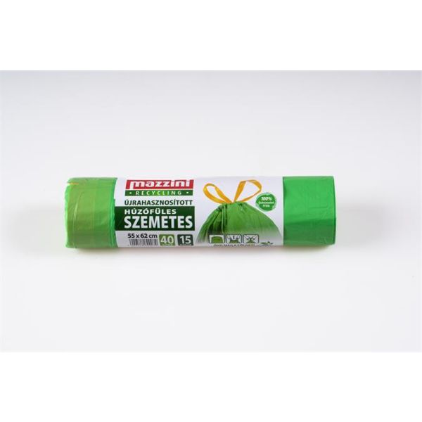 Vrecia na odpadky, recyklované, zaťahovacie, 40 l, 15 ks, 55x62 cm, 16 µ, MAZZINI, zelená
