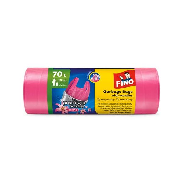 Vrecia na odpadky, s uškom, parfumované, 70 l, 15 ks, 62x73 cm, 16 µ, FINO "Premium handles", ružové
