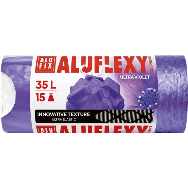 Vrecia na odpadky, zaťahovacie, LDPE, parfumované, 35 l, 15 ks, 53x53 cm, 20 µ, ALUFIX "Aluflexy", fialové