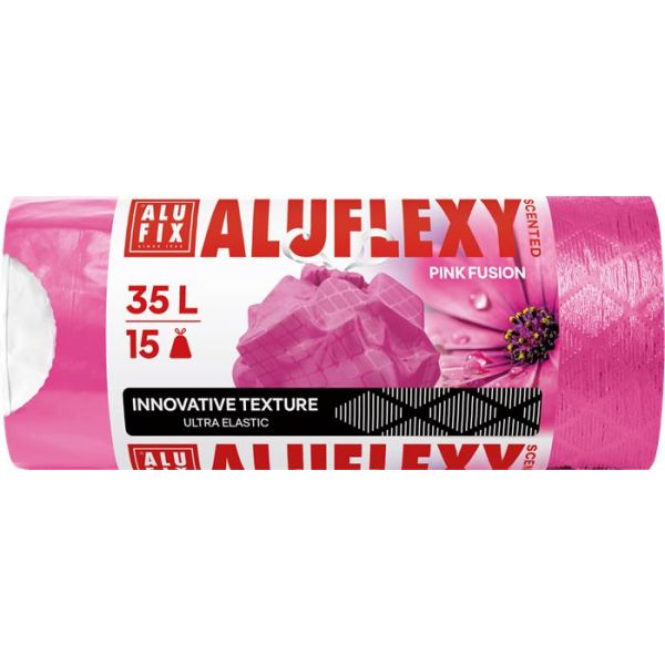 Vrecia na odpadky, zaťahovacie, LDPE, parfumované, 35 l, 15 ks, 53x53 cm, 20 µ, ALUFIX "Aluflexy", ružové