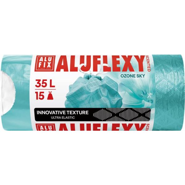 Vrecia na odpadky, zaťahovacie, LDPE, parfumované, 35 l, 15 ks, 53x53 cm, 20 µ, ALUFIX "Aluflexy", tyrkysové