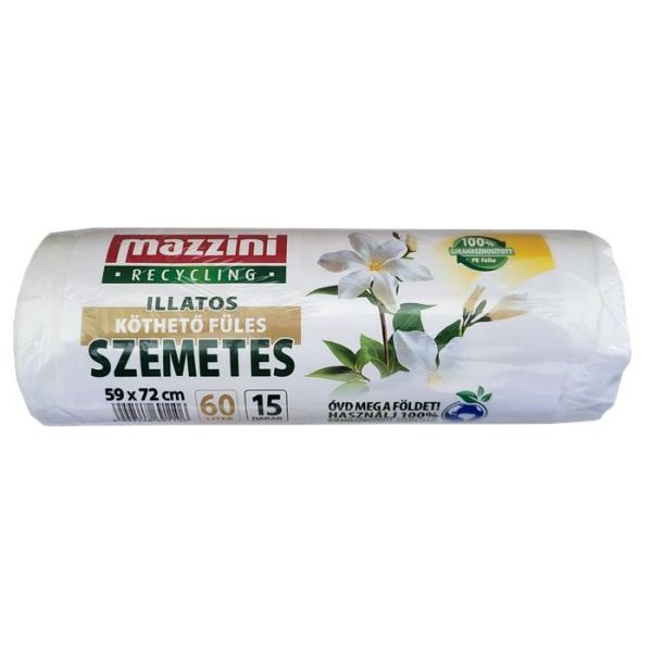 Vrecia na odpadky, recyklované, s uškom, parfumované, 60 l, 15 ks, 59x72 cm, 13 µ, MAZZINI, kvetinková vôňa