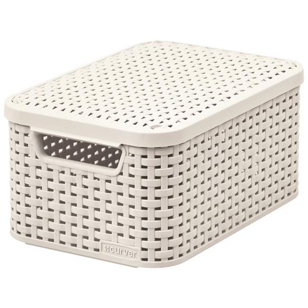 Odkladací box s vekom, s efektom ratanu, 7l, slonovina, CURVER "Style S"