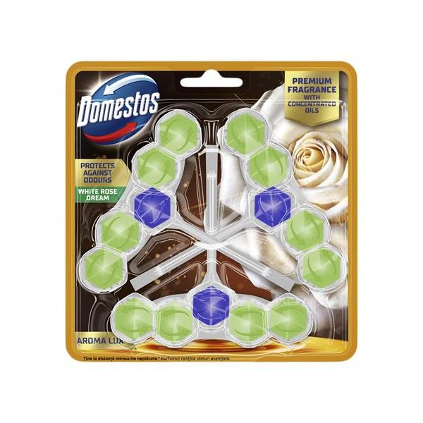 WC osviežujúci blok, 3-kusový, DOMESTOS "Aroma Lux", vôňa bielych ružových pukov a olej z čajovníka