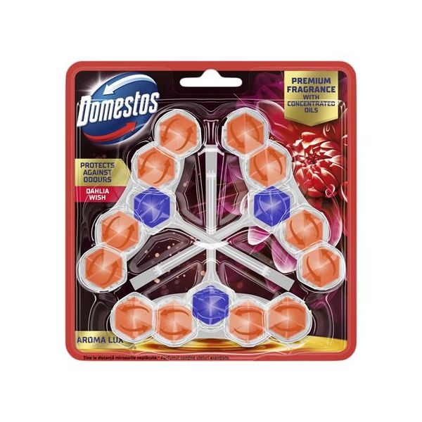 WC osviežujúci blok, 3-kusový, DOMESTOS  "Aroma Lux", vôňa georgíny a dračieho ovocia
