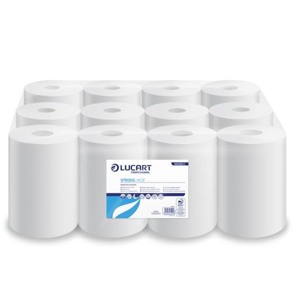 Papierové utierky, kotúčové, vnútorné dávkovanie, 2-vrstvové, LUCART, "Strong 14 CF", snehobiela