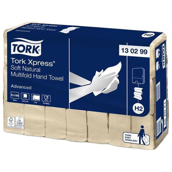 Utierky, Interfold ohyb, 2-vrstvové, 180 útržkov, H2 systém, Advanced, TORK "Xpress® Soft Multifold", prirodzená